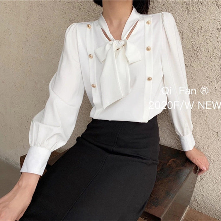 Women&#039;s Blouses & Shirts Korea Women 2021 Spring Summer New Fashion Bow V-neck Female Solid Color Loose Ladies Long Sleeve Buttons
