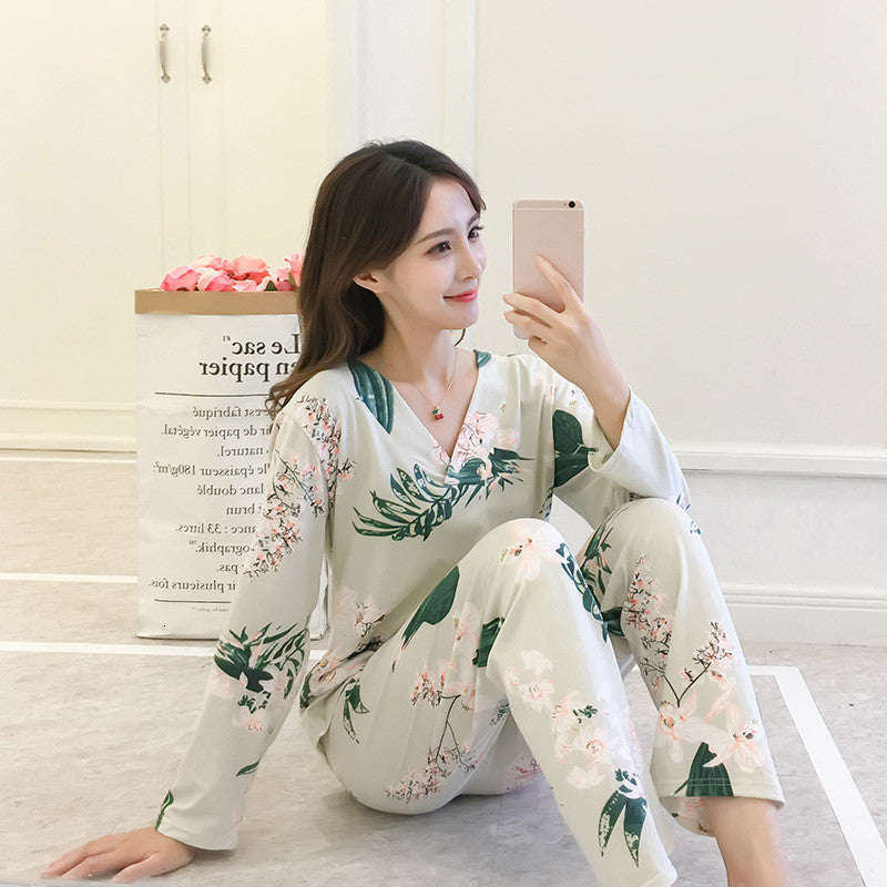 Women&#039;s Sleepwear Spring autumn cotton pajamas for women casual v-neck sleepwear set print ladies home clothes loose night wear pijamas sets 68