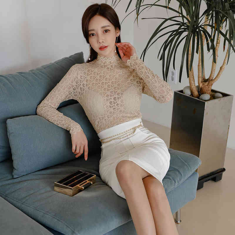 Two Piece Dress Summer 2 Pieces Set Women Korean Slim Lace Long Sleeve Shirts + High Waist Sheath Pencil Skirts Office Lady Skirt