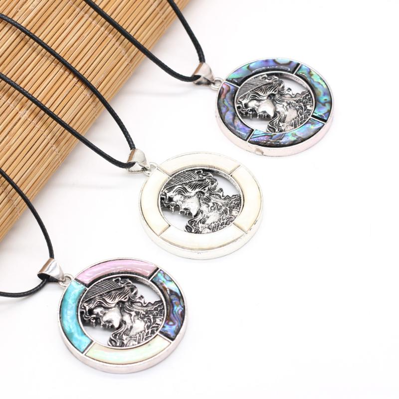 Pendant Necklaces Natural Round White Abalone Mother Of Pearl Shell Wax Thread Necklace Jewelry For Women Gift Size 45x45mm Length 55cm