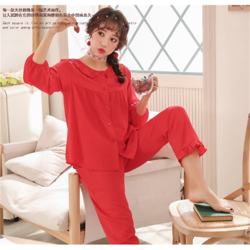 Women&#039;s Sleepwear Fdfklak Pyjama femme 2020 Tencel Cotton Pajamas for Women Spring Autumn Loose Sleepwear Set Sweet Doll Collar Ladies Pijama N