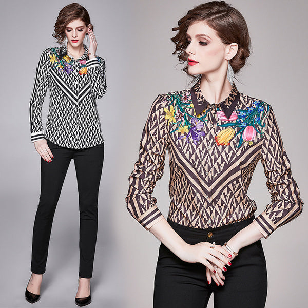 Women&#039;s Cape New Elegant Letter Flower Print Long Sleeve Women Blouse Shirt Summer Turn-Down Collar Blouses Work Wear Female Casua