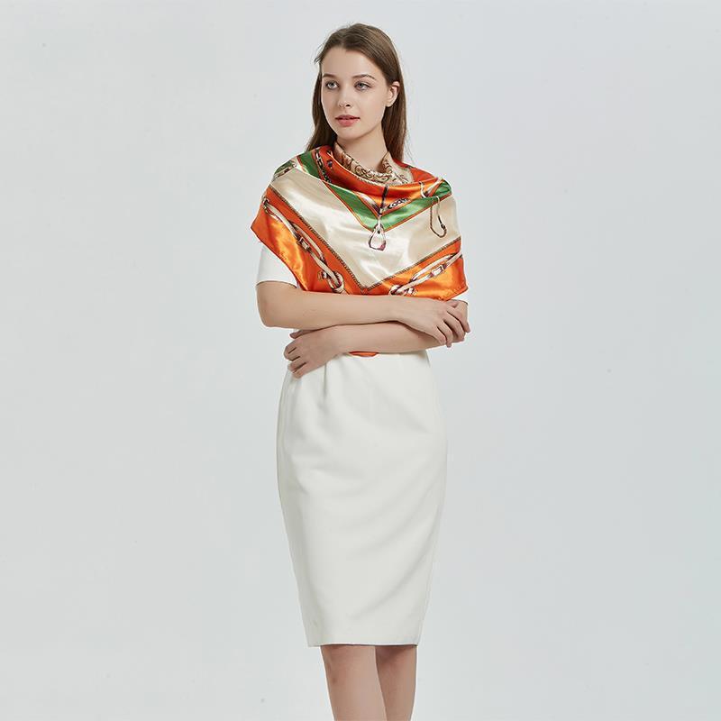 Scarves Winter Square Simulation Silk Scarf Elegant Ladies Red Orange Printing Professional Stewardess Soft Bandana Women 90cm