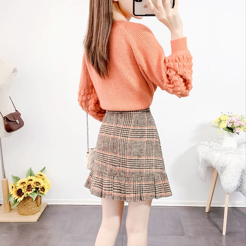 Women&#039;s Knits & Tees Elegant Plaid 2 Pieces Sets New Autumn Winter Women Tweed Two Solid Color Tops Skirts Suits Pullover Short sk