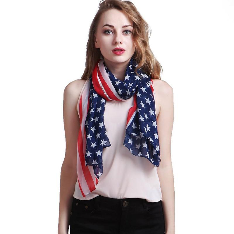 Scarves 70*160CM Women American Flag Scarf Soft Chiffon USA Independence Day Shawl