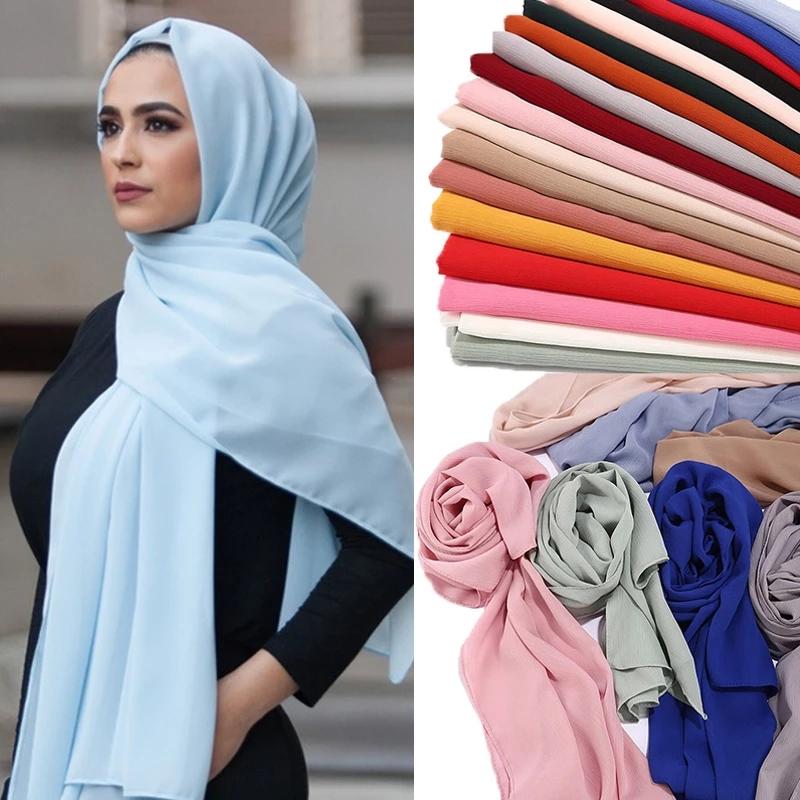 Scarves Women Solid Color Bubble Chiffon Scarf Elegant Muslim Head Female Fashion Hijabs Silky Soft Long Shawl 60 Colors