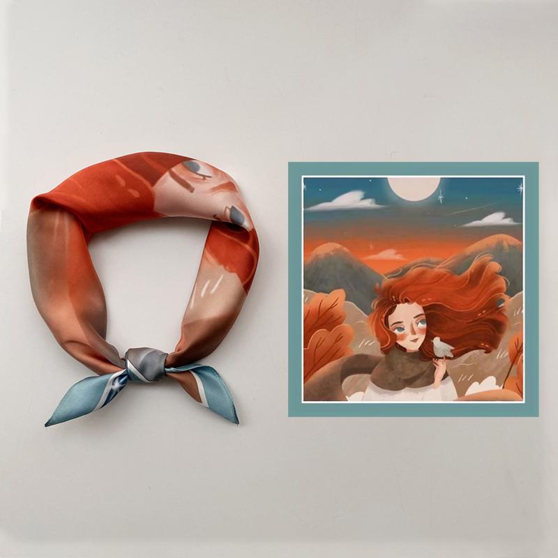 Scarves Youth European Style Printing Silk Scarf Women Small Square 53*53cm Character Spring And Summer Multi Function Turban