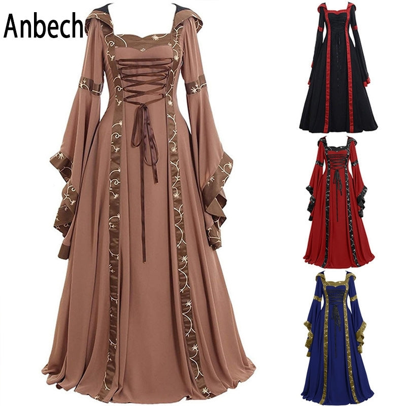 2019 medieval dress Square Neck Lace Up trumpet sleeve hooded swing skirt