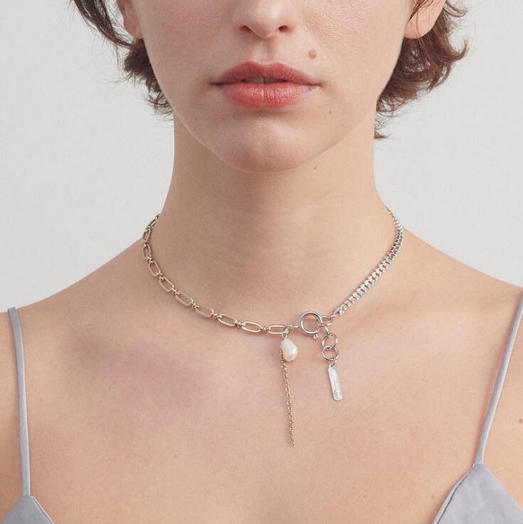 Justine Clenquet Chain Necklaces with Zircon Metal Patchwork Pearl Choker Necklace & Bracelet