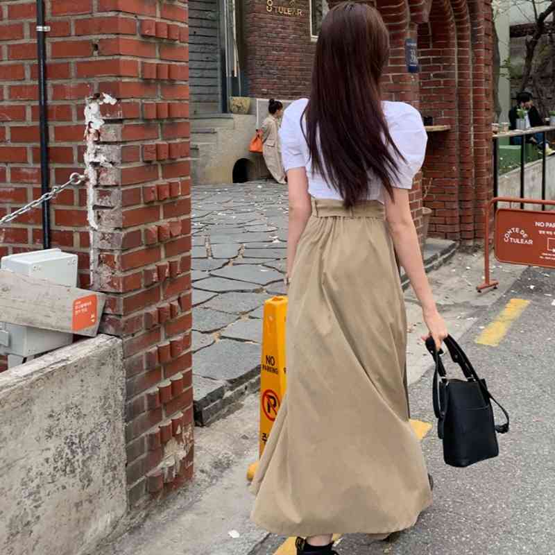 Two Piece Dress New Fashion Summer Puff sleeve Women&#039;s Elegant White Blouses + High Waist split Long skirt Set Female Suit 9KZX