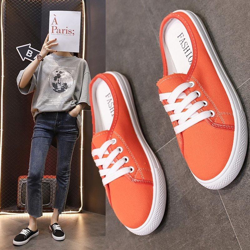 Slippers Women Sneakrs Candy Color Canvas Lace Up Casual Shoes Slip On Flat White Female Espadrilles Black Slides 9125C
