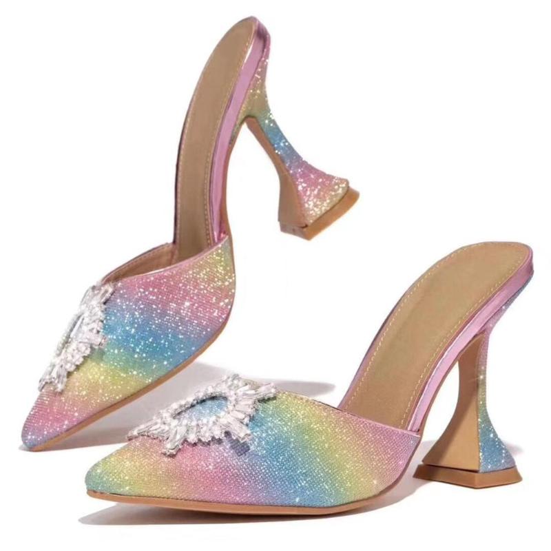 Sandals Fashion Women Rainbow Glitter Crystal Bow Point Toe High Heels Shoes 10cm Brand