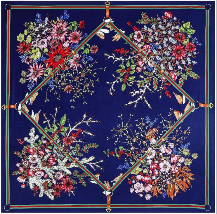 Scarves Silk Scarf Women Bright Flowers Print Wraps Female Large Square Shawl Hijab Echarpes Foulards Femme Bandanas