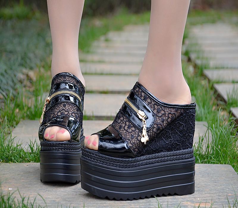 Slippers 14CM Wedge Super High Heel Increase Within Shoes Muffin Bottom Women's Waterproof Platform Thick Sandals And