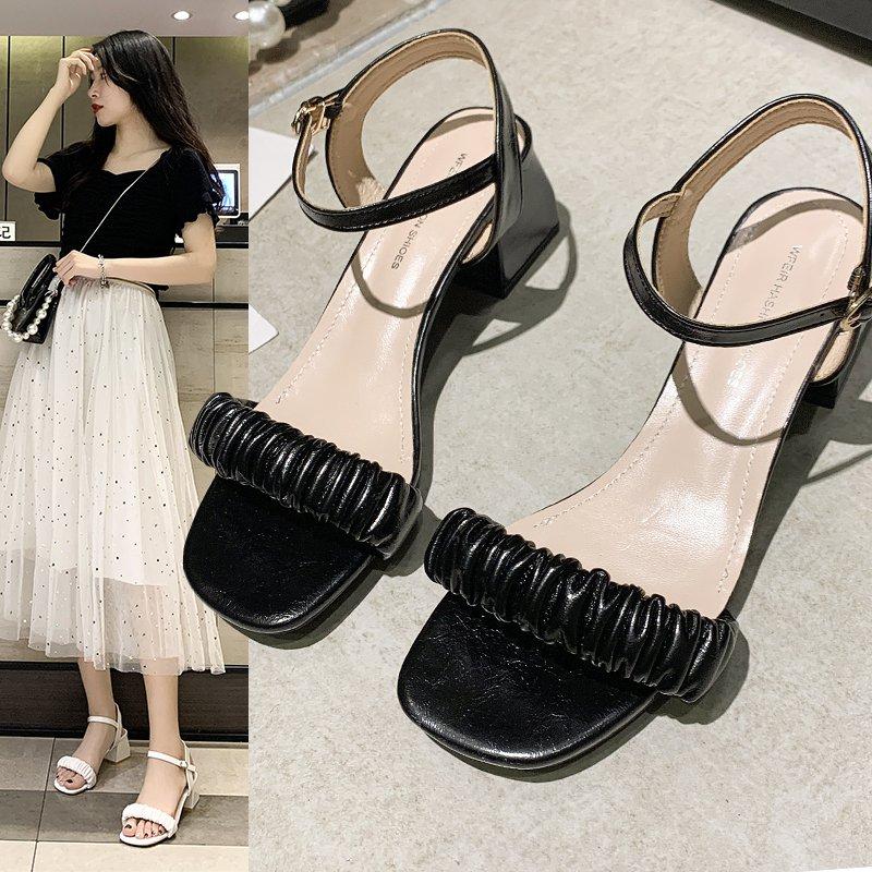 Sandals 2021 Summer Women Candy Color Ankle Strap Mid Heels Shoes Narrow Band Female Designer Sandalias Mujer Black 9186C