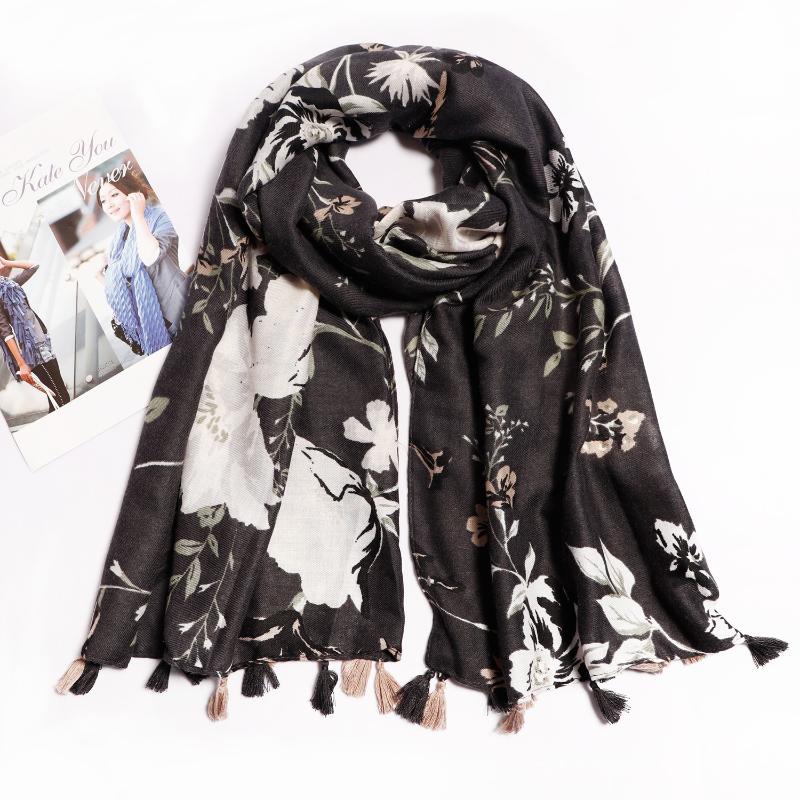 Scarves Black Flower-pattern Print Scarfs For Ladies Silk Satin Neck Scarf Square Shawls And Wraps Lady 185*100cm
