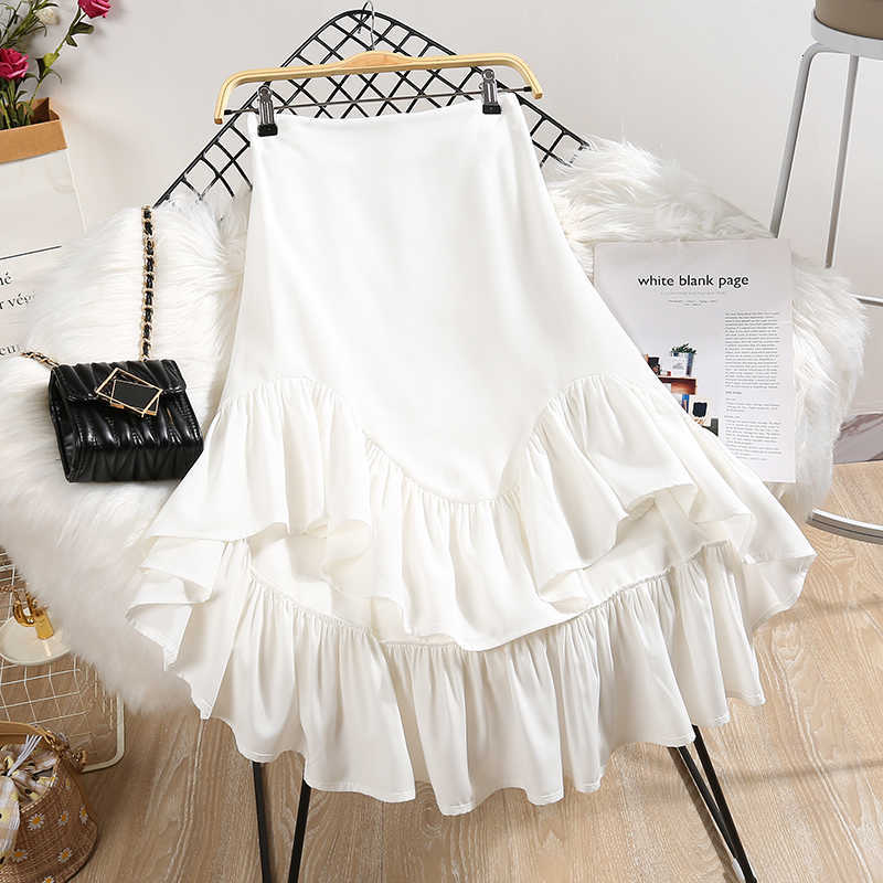 Skirts White Summer Women High Waist Knee-Length Ruffles Irregular Causal Elegant Streetwear Korean Mermaid Z367 Z1K1