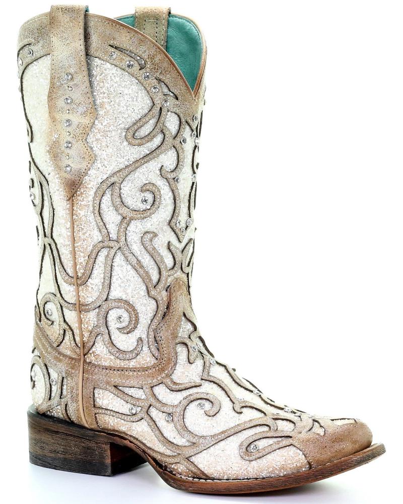 Boots WOMEN&#039;S WHITE GLITTER INLAY WESTERN - SQUARE TOE