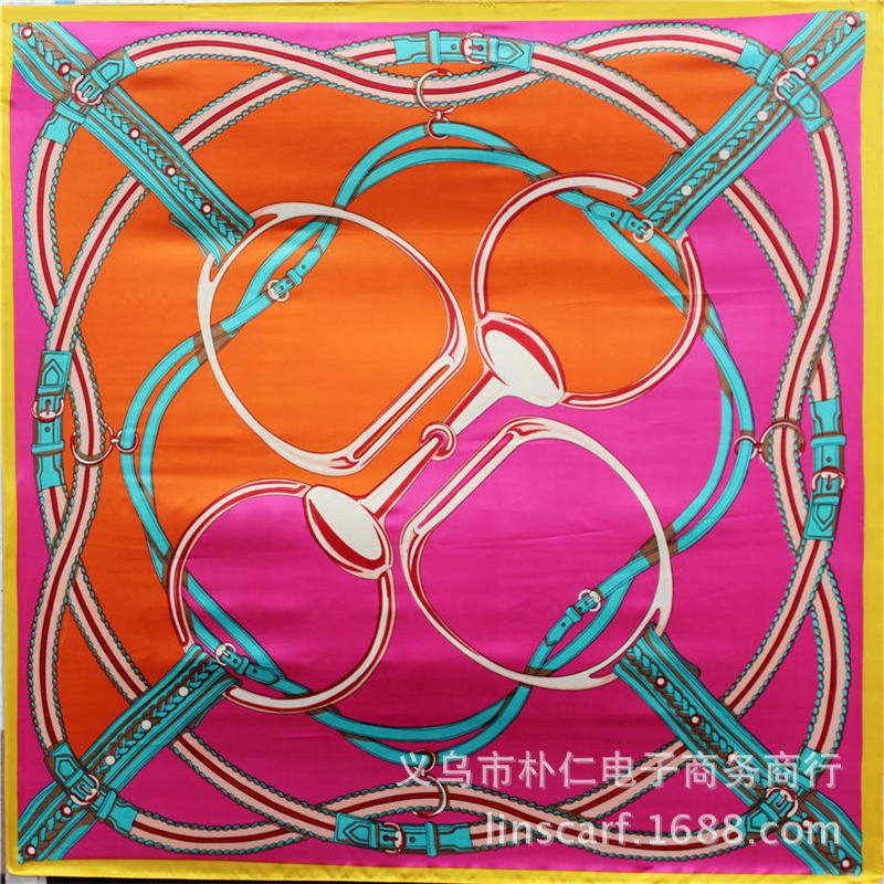 Scarves Spring 90x90cm Silk Scarf Women Classic Belt Whip Pattern NeckerChief Bandana Square Muslim Headscarf