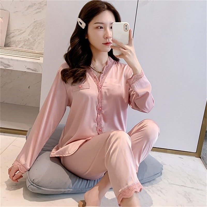 Women&#039;s Sleepwear Satin Pajamas Suit For Women Pj&#039;s 2PCS Button-Down Shirt&Pants Lace V-Neck Home Clothes Thin Comfy Intimate Ling