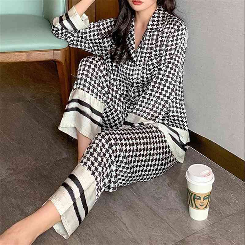 Women&#039;s Sleepwear Spring Houndstooth Pajamas Women Faux Silk Satin Long Sleeve 2 Pieces Shirt&Pants Suit With Buttons Plaid Pyjama