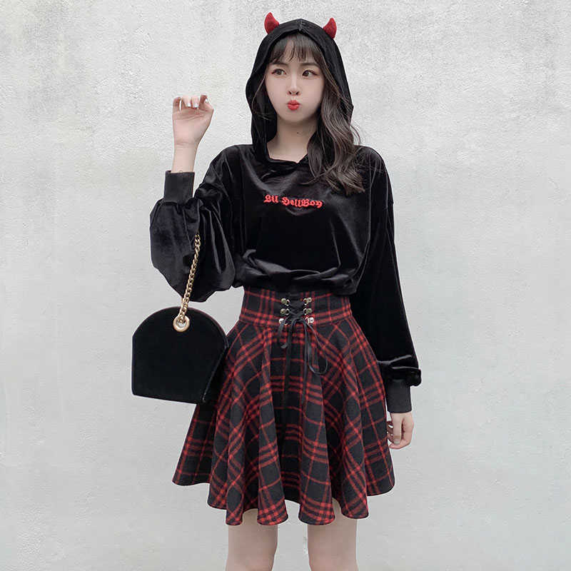 Skirts Gothic Lolita Skirt Women Autumn Winter High Waisted Lace-up Short Plaid Wool Mini tutu femme 3T56