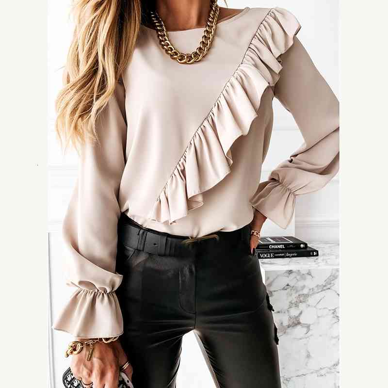 Women&#039;s Polos Fashion Women Blouses and Shirts O Neck Chiffon Ruffle Long Sleeve Top Female Elegant Vintage Oversized Shirt Tunic