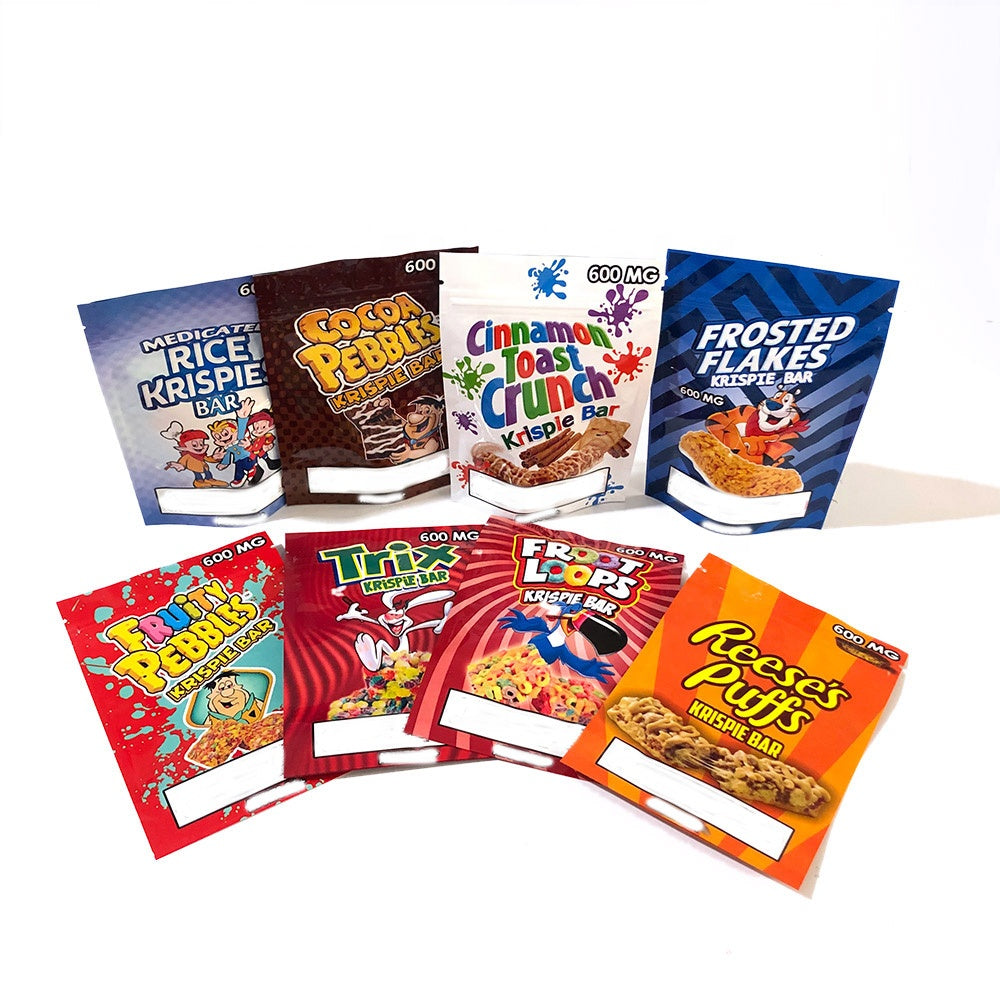 infused bar edibles packaging bags CHIPS CEREAL TREATS CHOCOLATE brownie runtz stokies reeses puffs MEDICATED mylar bag