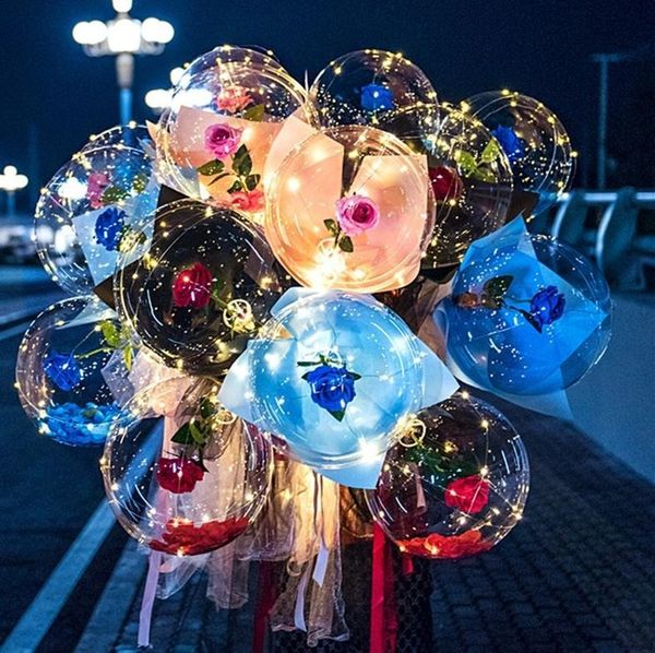 LED Luminous Balloon Bouquet Transparent Bubble Enchanted Rose with Stick led Bobo Ball Valentines Day Gift Wedding Party Decor 496