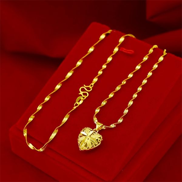 18K Gold Color Necklace for Women Wedding Engagement Fine Jewelry Love Heart Pendant Clavicle Chain Choker Bijoux Birthday Gifts 210721