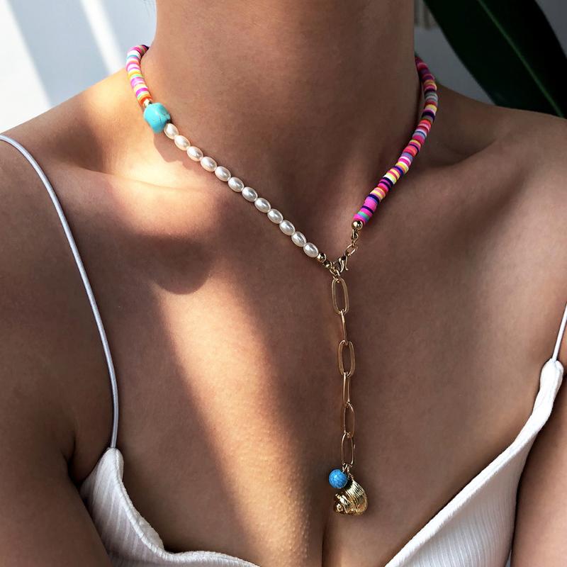 Pendant Necklaces Initial Simulated Pearl Polymer Clay Tassel Necklace Soft Pottery Choker Colorful Surfer Bead Collar Handmade Femme Jewelr
