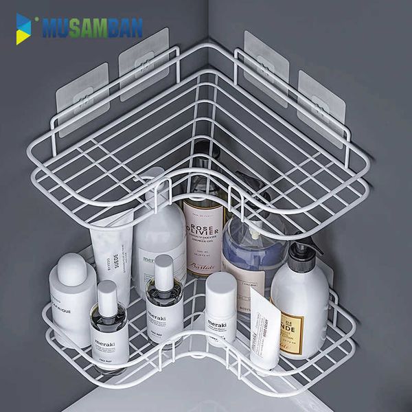 Bathroom Wall-mounted Corner Frame Shower Shelf Wrought Iron Shampoo Storage Holder Punch-free Kitchen Storage Organizer Rack 210724