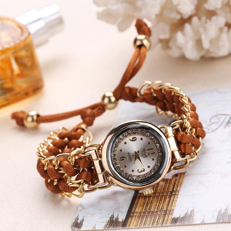 Wristwatches Women Watches Fashion Lady Knitting Rope Chain Winding Rhinestone Dial Bracelet Quartz Wrist Watch Clock