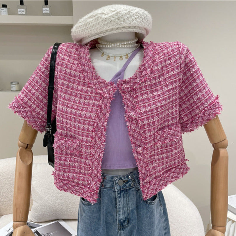 Women&#039;s Jackets 2021 Summer Vintage Tweed Jacket Women Crop Top Korean Woollen Cropped Coats Elegant Short Outerwear veste femme c