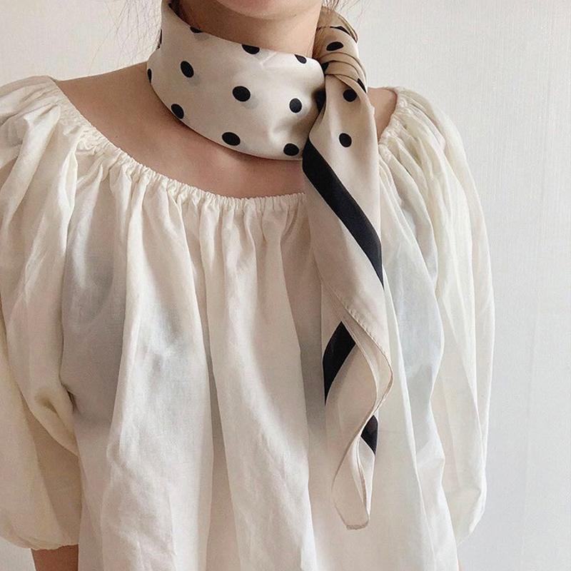 Scarves &Dolphin Women Retro Small Dot Print Scarf 70x70cm French Cream White Chiffon Headbands Bandana Bag Ribbon Neckerchief Hijab