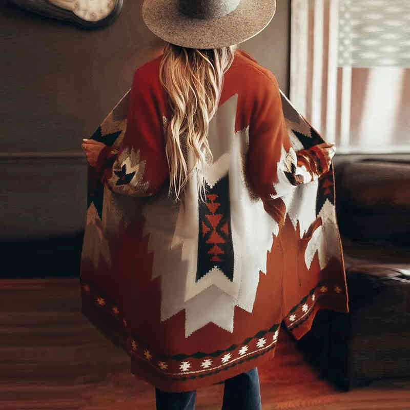 Women&#039;s Wool & Blends Ethnic Pattern Print Long Sleeve Cardigan Women Coat Warm Vintage Spring Autumn Outerwear Casual Female Jacket V7Y7