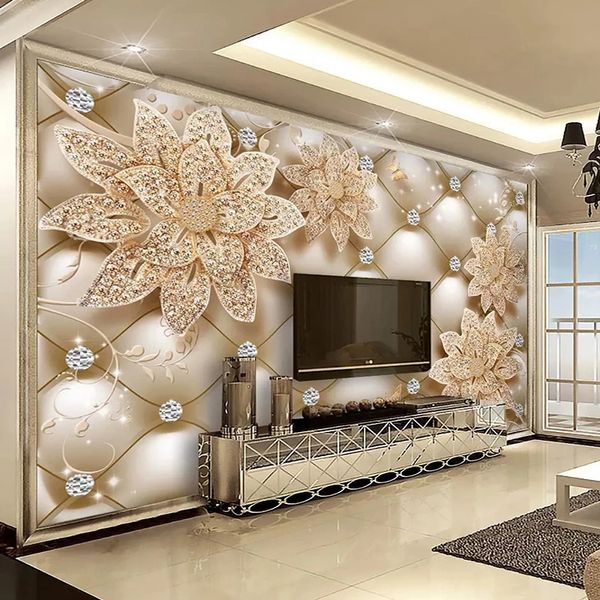 Custom 3D Wallpaper Diamond Flower Jewelry Murals European Living Room Sofa TV Background Wall Papers Home Decor