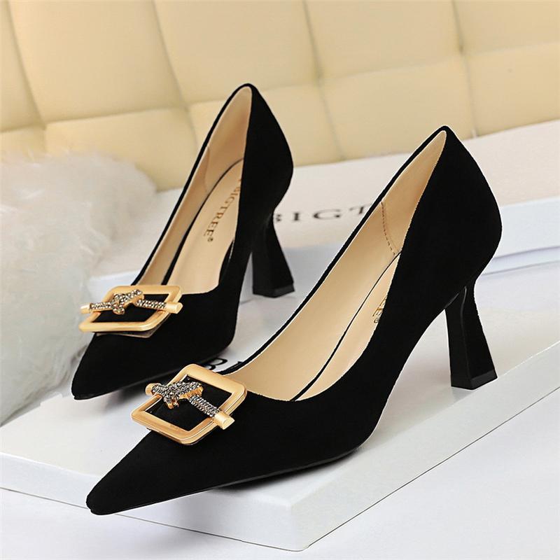 Dress Shoes 2021 Women Suede 7.5cm High Heels Office Lady Pumps Scarpins Khaki Black Glitter Crystal Rhinestone Party Big Size