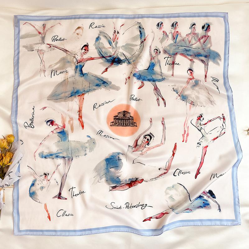 Scarves Elegant Women Square Scarf Digital Print Hand Rolled Silk Shawl Ballet Girl Dancing Pattern Wrap Ladies Head Accessories 90*90cm