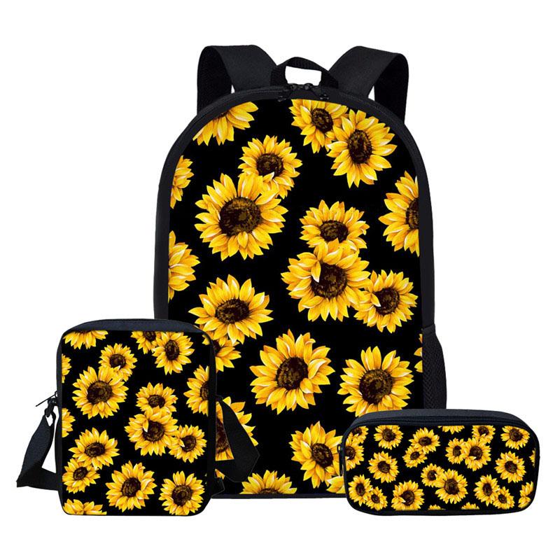School Bags 3pcs-set Sunflowers Floral Print Bag Set For Kids Girls Book Backpacks Shoulder Bagpack Children Bookbag Satchel