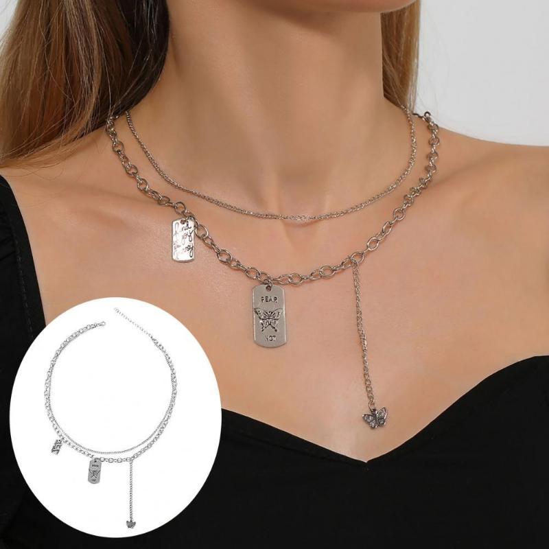 Chokers 2021 Fashion Women Necklace Letter Square Butterflies Pendant Alloy Double Layer Punk Choker Letters Single Name
