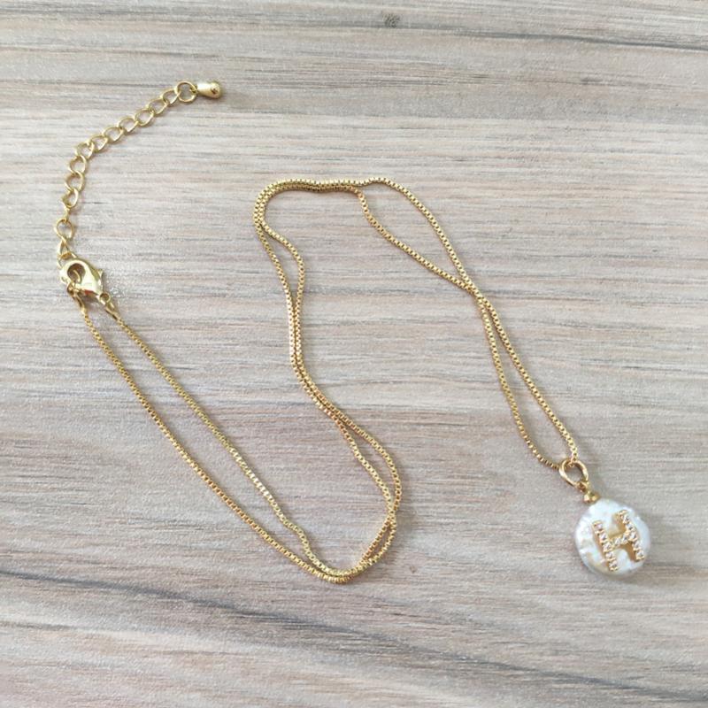 Chokers Micro Pave CZ Initial 26 Alphabet Letter Natural Coin Freshwater Pearl Charm Gold Pendant Thin Chain Choker Necklace For Women