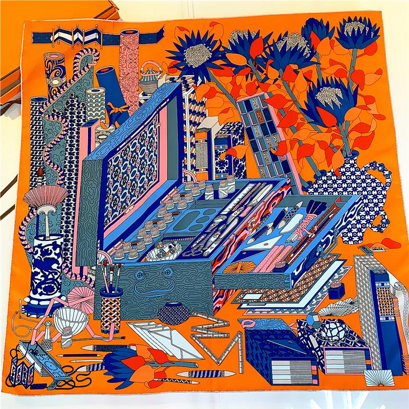 Scarves 90cm Square Scarf Women Hijab Bandana Handmade Curled Twill Shawl Silk Writing Case Head For Ladies