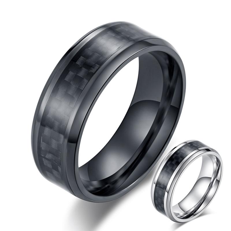 Cluster Rings Trendy Stainless Steel Carbon Fiber Ring Black - Silver Color Male Jewelry Men Accessories
