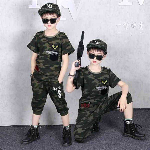 Children&#039;s Sports Suits Camouflage Tshirts and Short Pants Military Training Clothing 2 Piece Sets for Student Teenage Clothes 210622