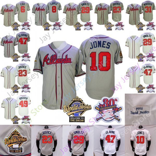 1995 World Series Jersey Vintage Bobby Cox Javy Lopez Chipper Jones David Justice John Smoltz Tom Glavine John Rocker Maddux White Grey Size