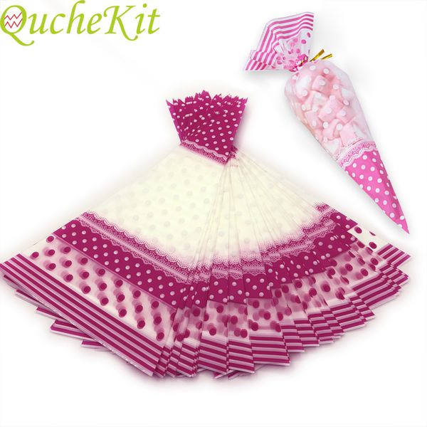 Pink Dots Cone-Shaped Treat Popcorn Bags Cellophane Candy Triangular Spun Sugar Packaging Bag For Snack Candy Biscuit