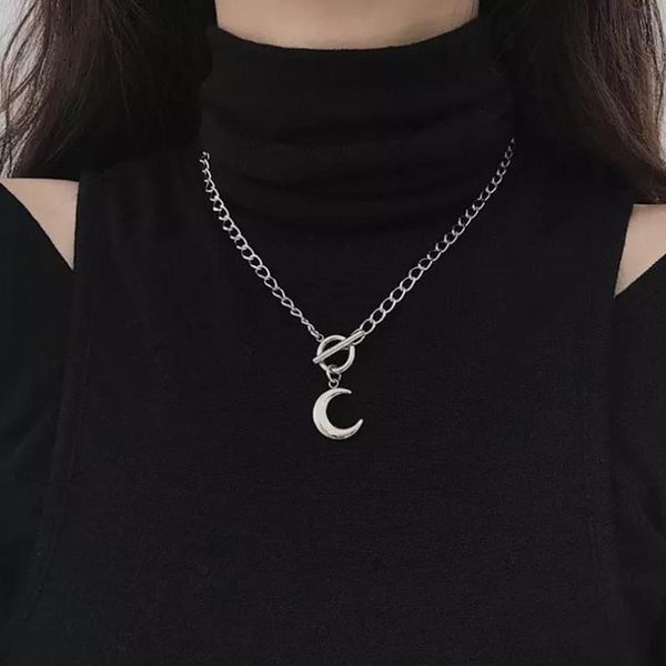 Toggle Clasp Necklaces for Women Collar Punk Sliver Color Chunky Chain Moon Pendant Christmas Gifts Fashion Jewelry