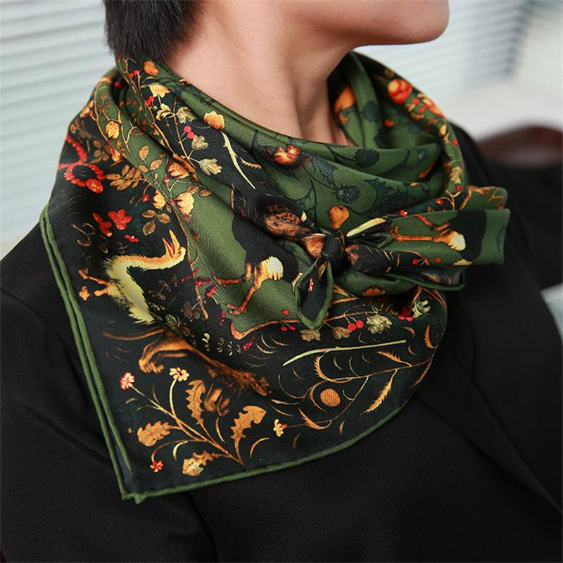 Scarves Army Green Luxury Natural Silk Scarf Women Birds And Flowers Printed 100% Real Twill 90cm Square Bandana Neck Shawl
