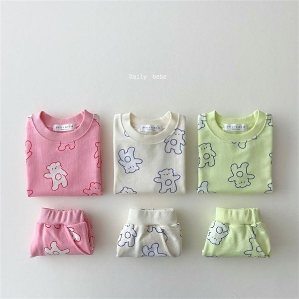 Summer infants cartoon bear clothing sets Baby cotton solid color outfits 0-3Y 210708